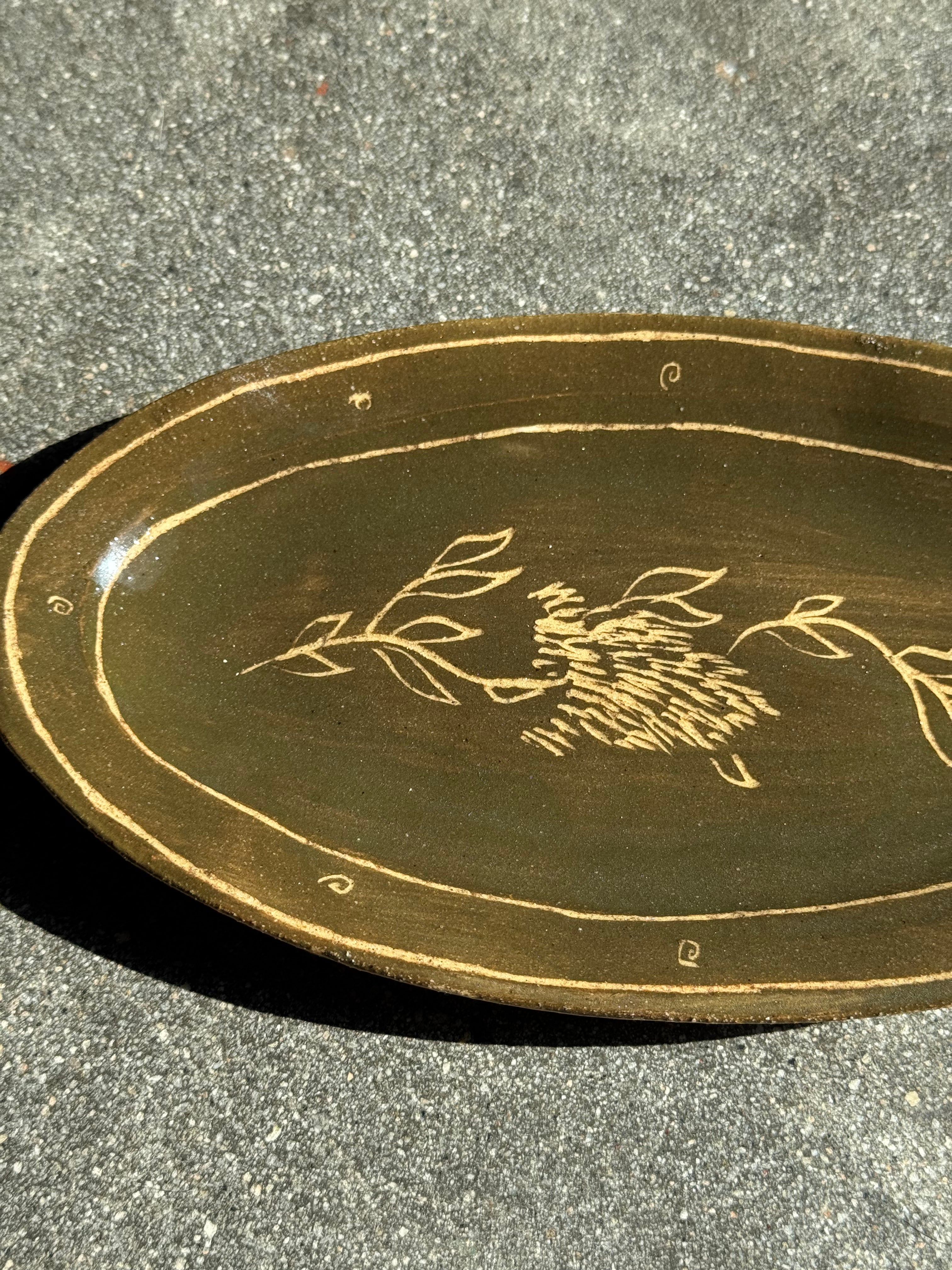 Green Flower - Oval Bistro Plate